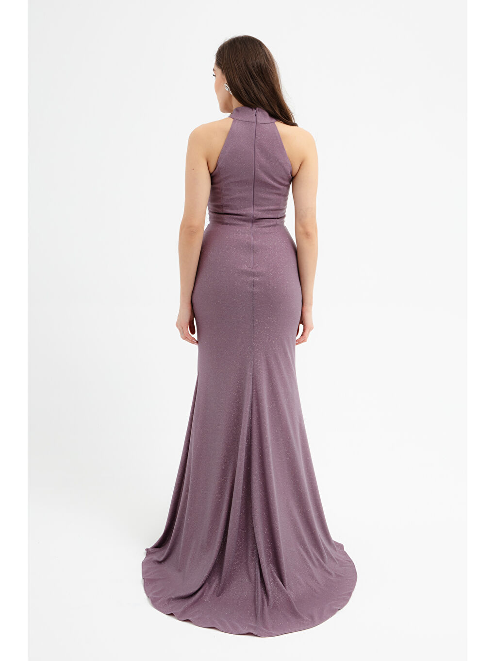Lila Kadın Lavanta Halter Yaka Yırtmaçlı Uzun Simli Abiye Elbise-4