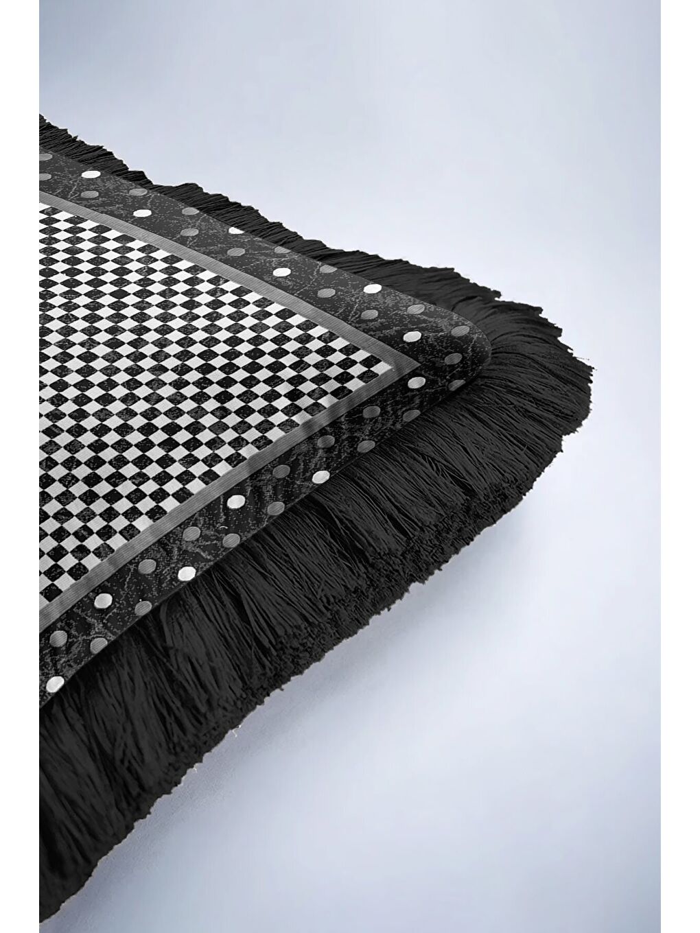 Karışık Lüks Damalı Saçaklı Yastık Kılıfı - Monokrom Modern Siyah Gri Püsküllü Kırlent Kılıfı-6