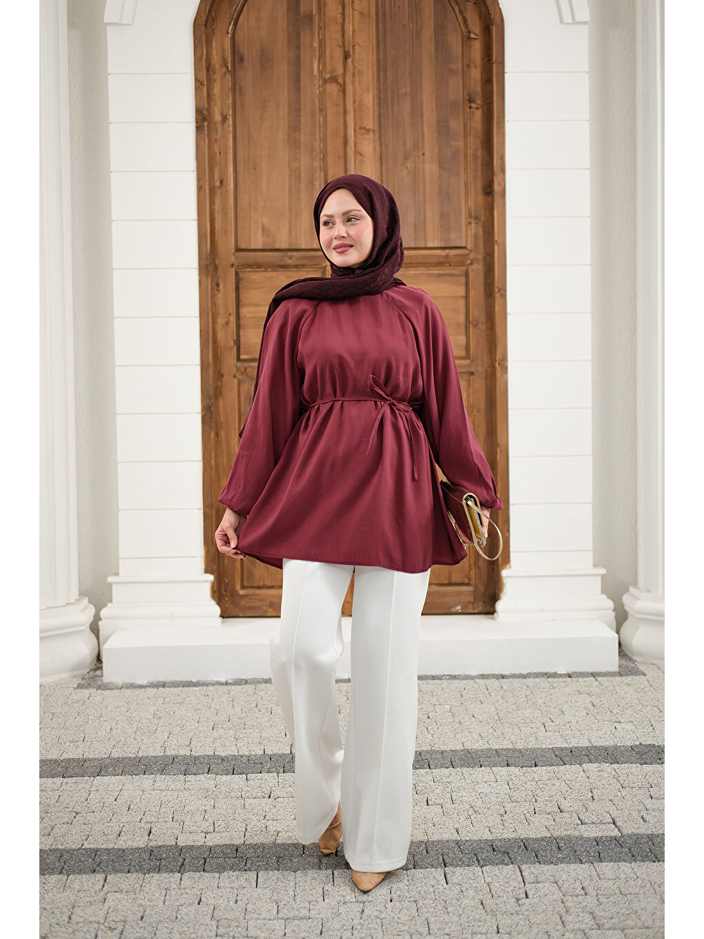 Kadın Bel Bağlamalı Tunik Bordo-2