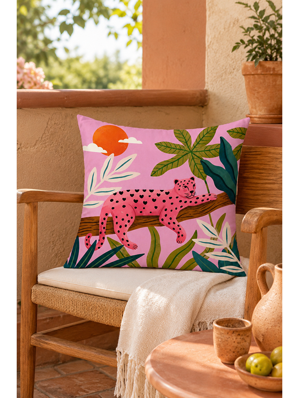 Pembe Leopar Tropikal Yaprak Desenli Dekoratif Kırlent Kılıfı Bohem Dekor 43x43 Cm-6