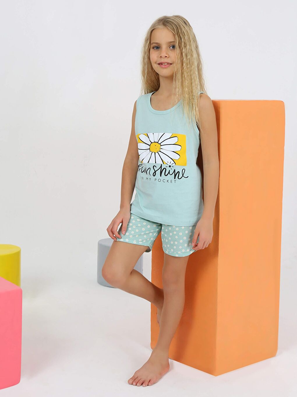 Yeşil Kız Çocuk Askılı %100 Pamuklu Papatya Pijama Takımı-1