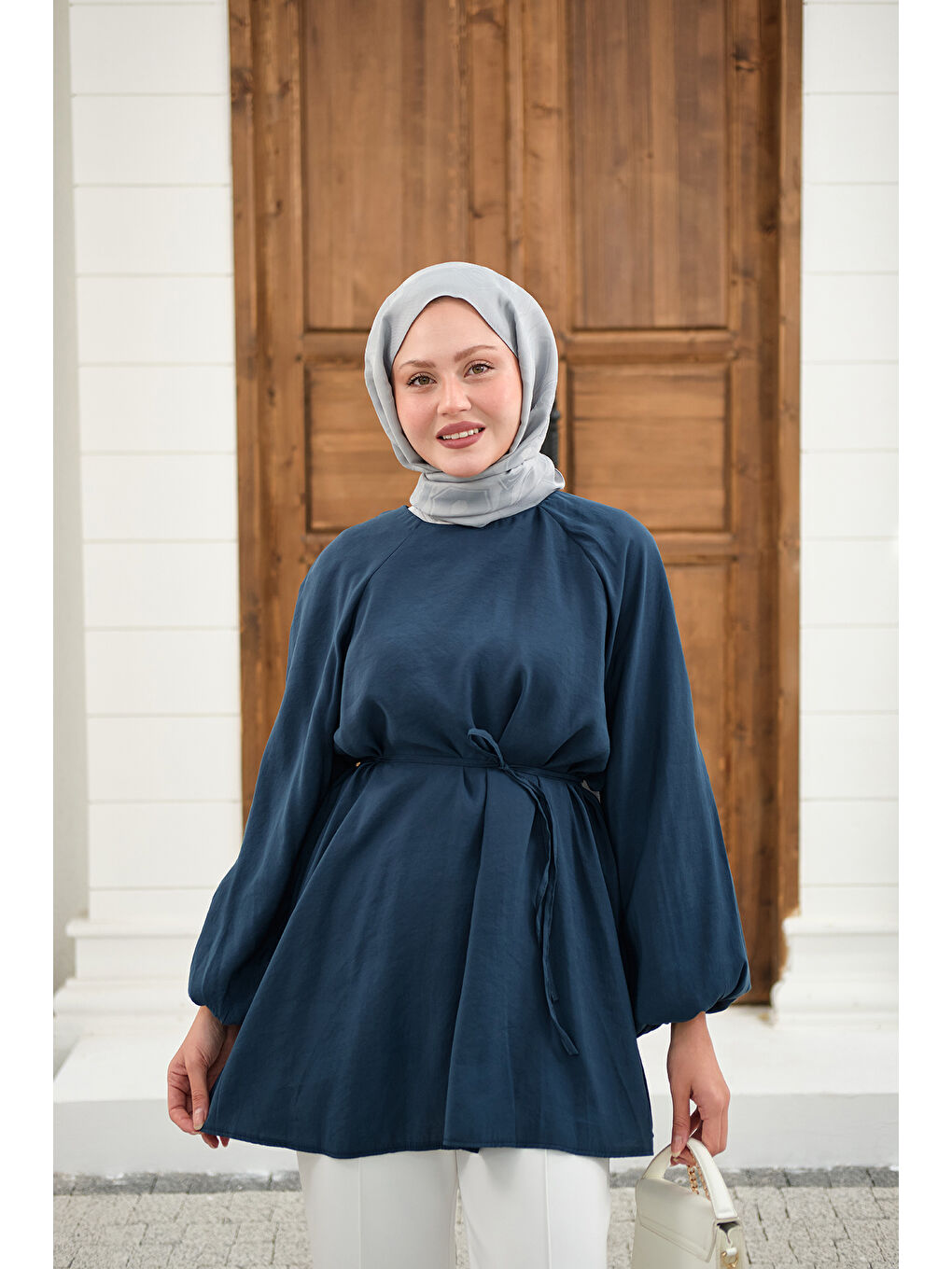 Kadın Bel Bağlamalı Tunik Petrol Mavi-3