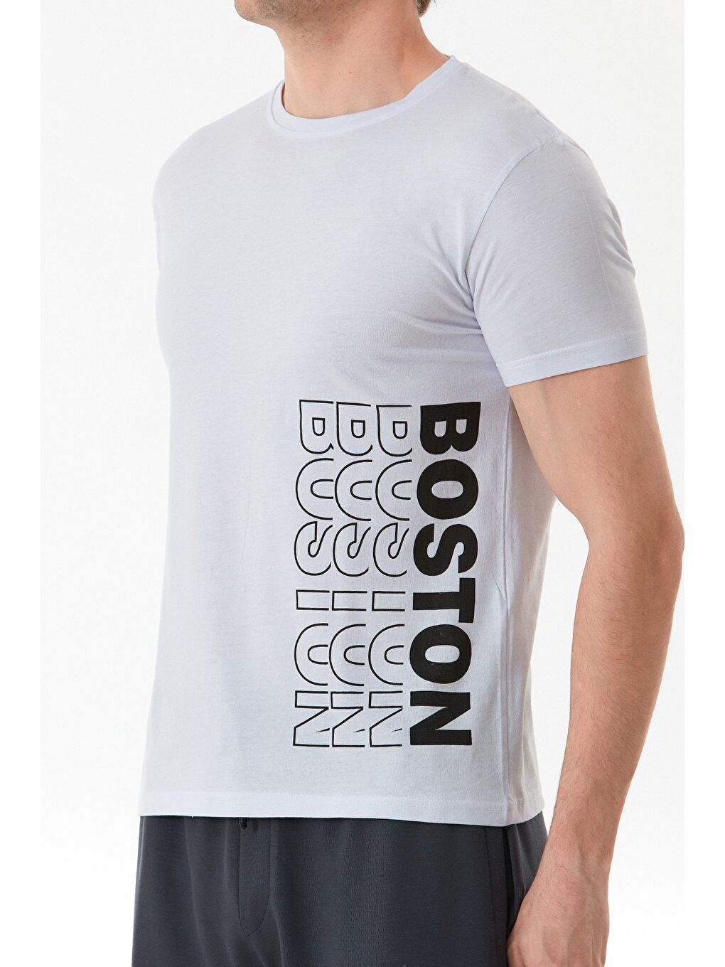 Beyaz Boston Yazı Baskılı Bisiklet Yaka %100 Pamuk Tişört-4