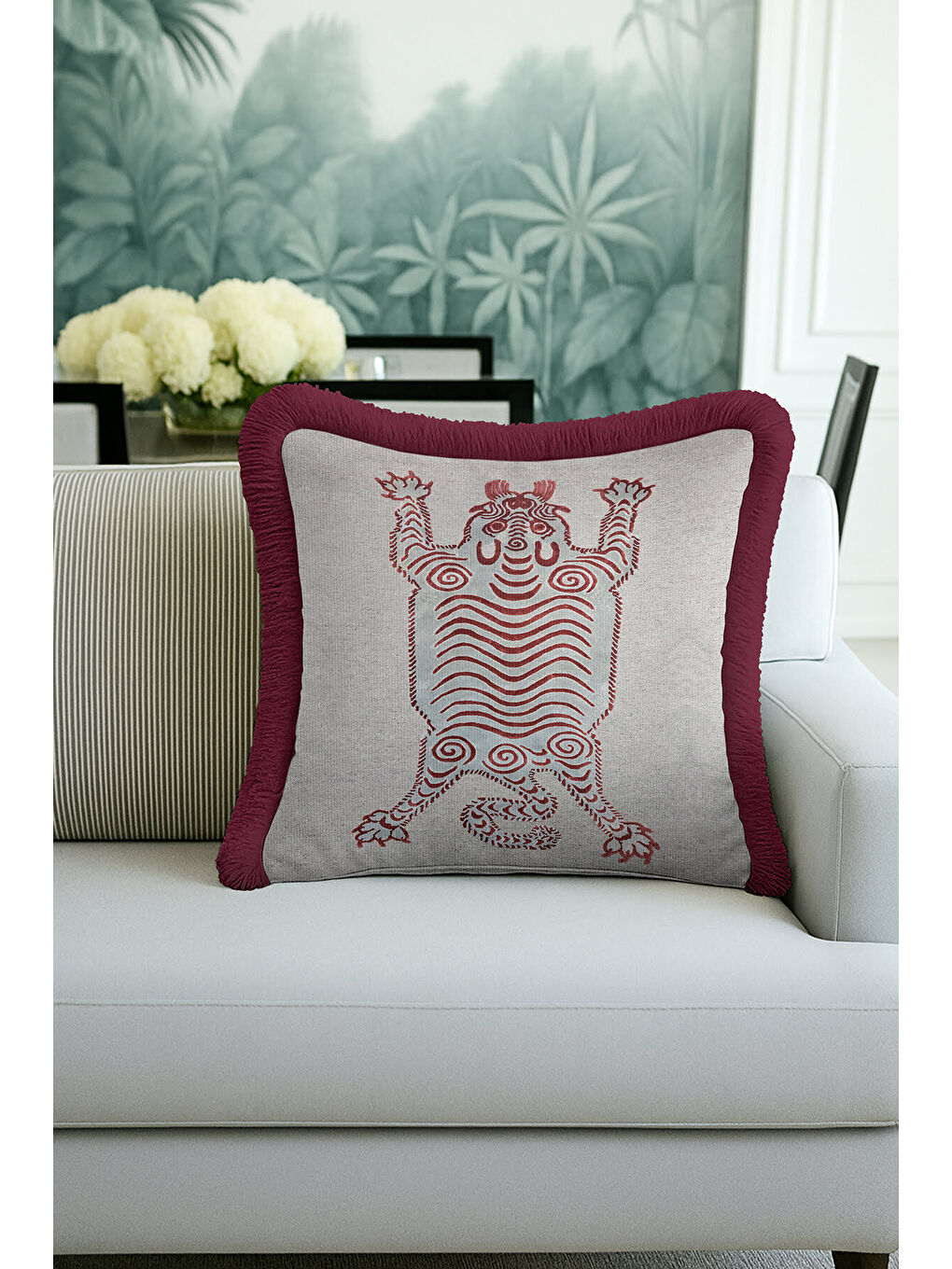 Karışık Etnik Tribal Sanat Saçaklı Yastık Kılıfı - Bohem Aslan Figürlü Bordo Gri Püsküllü Kırlent Kılıfı