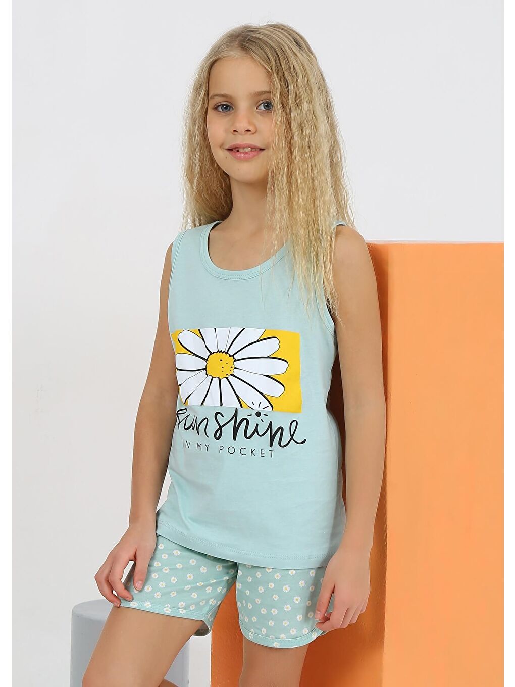 Yeşil Kız Çocuk Askılı %100 Pamuklu Papatya Pijama Takımı-2