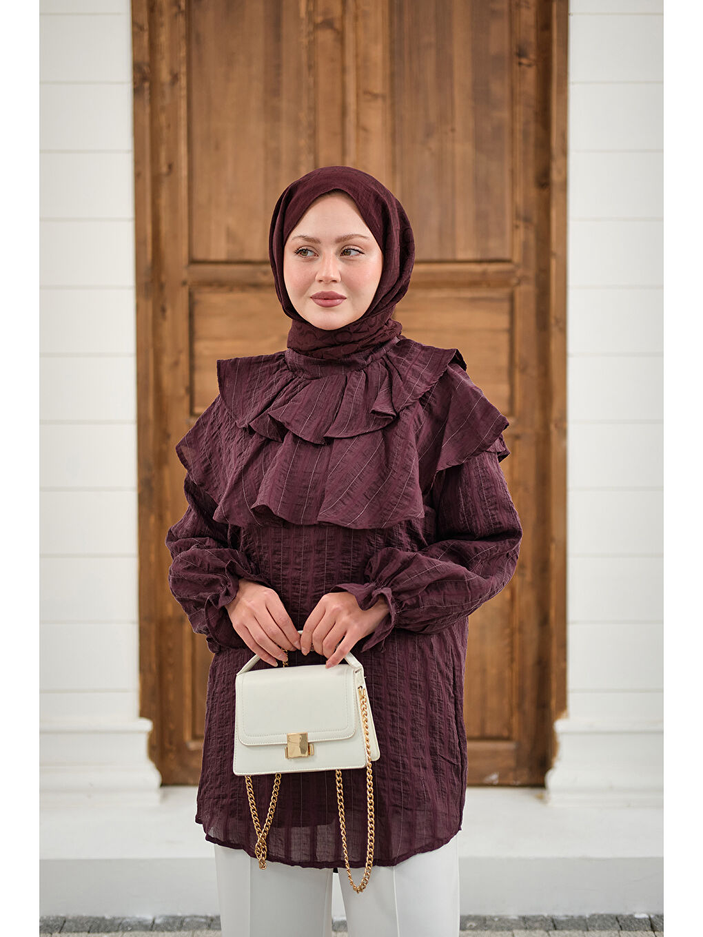 Kadın Kendinden Çizgi Desenli Yaka Büzgülü Tunik Mürdüm-1