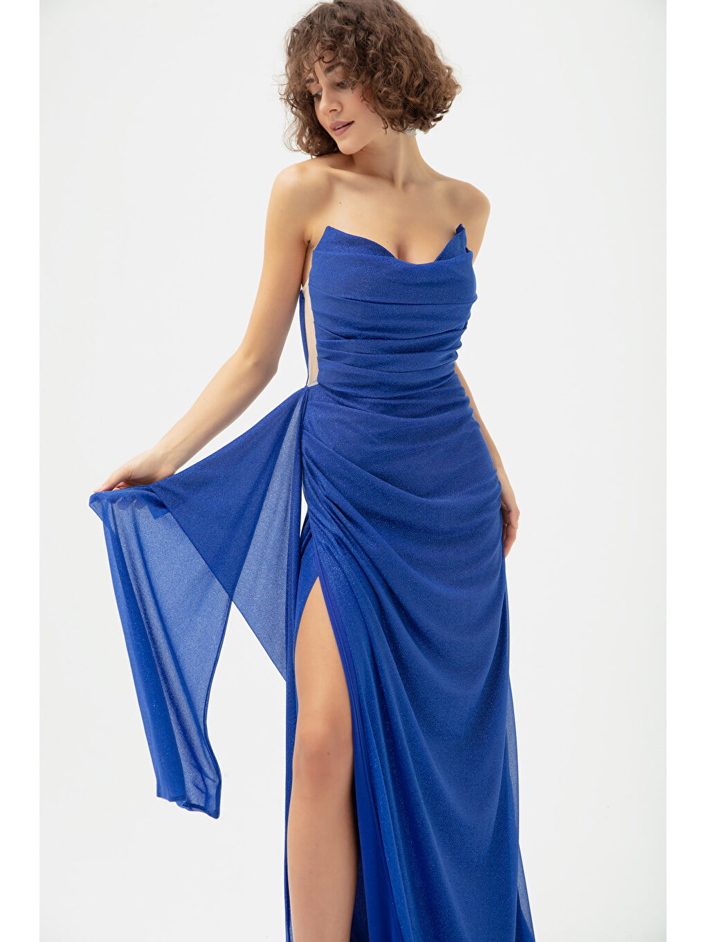 Mavi Kadın Saks Göğüs Drapeli Yırtmaçlı Simli Abiye-1