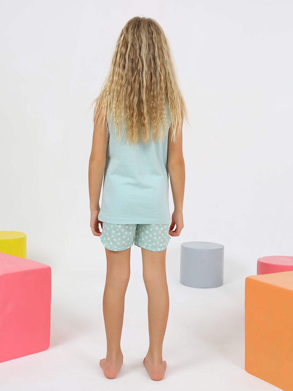 Yeşil Kız Çocuk Askılı %100 Pamuklu Papatya Pijama Takımı-3