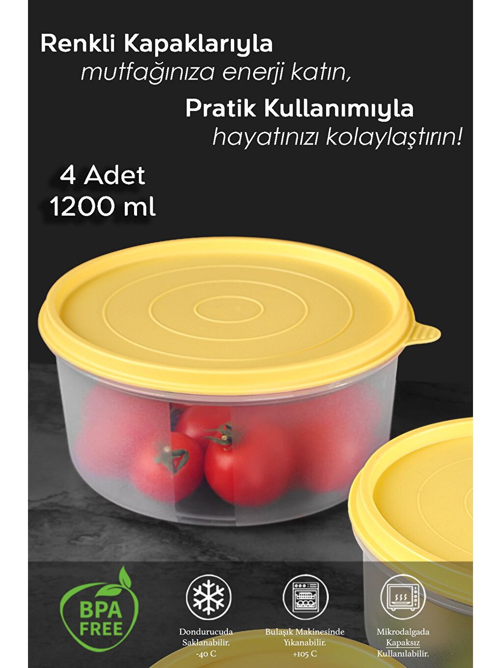 4'lü Yuvarlak Gıda Saklama Kabı Seti 4x1200 ml Sarı-1