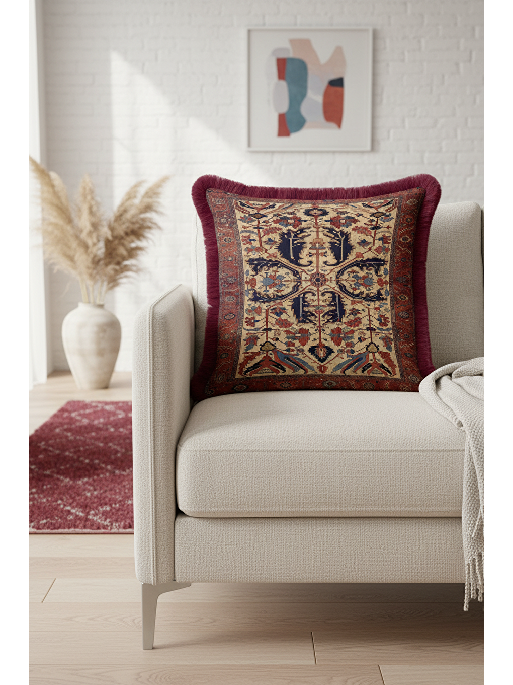 Karışık Saray Halı Motifli Saçaklı Yastık Kılıfı - Klasik Etnik Bordo Altın Renkli Püsküllü Kırlent Kılıfı-1