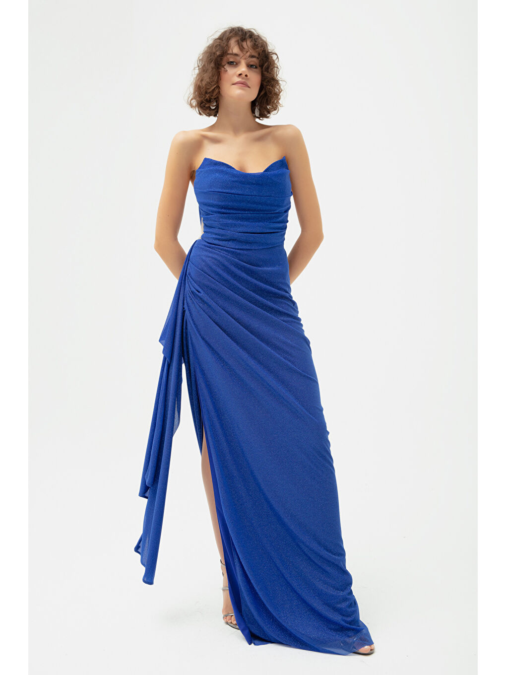 Mavi Kadın Saks Göğüs Drapeli Yırtmaçlı Simli Abiye-2