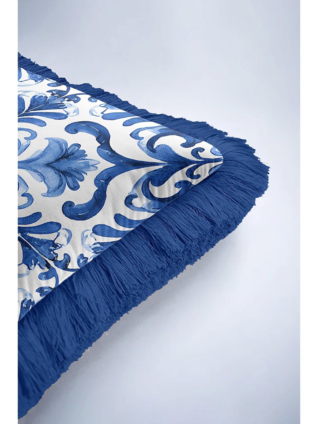 Karışık Barok Lüks Mavi Saçaklı Yastık Kılıfı - Akdeniz Klasik Mavi Beyaz Püsküllü Kırlent Kılıfı-6