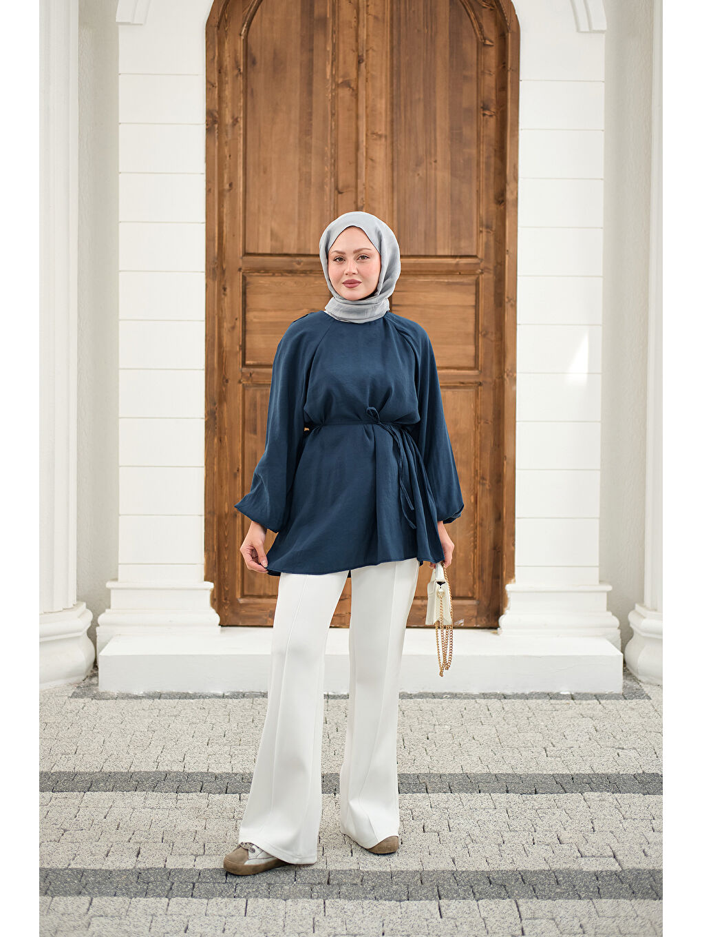 Kadın Bel Bağlamalı Tunik Petrol Mavi-4