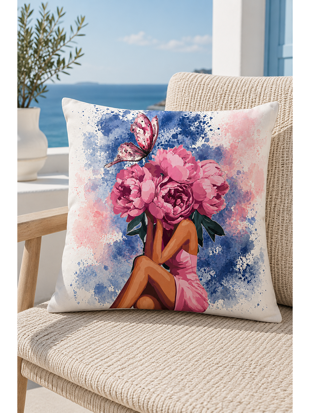 Beyaz Pembe Çiçekli Kelebekli Kadın Dekoratif Kırlent Kılıfı Suluboya Salon Dekor 43x43 Cm-3