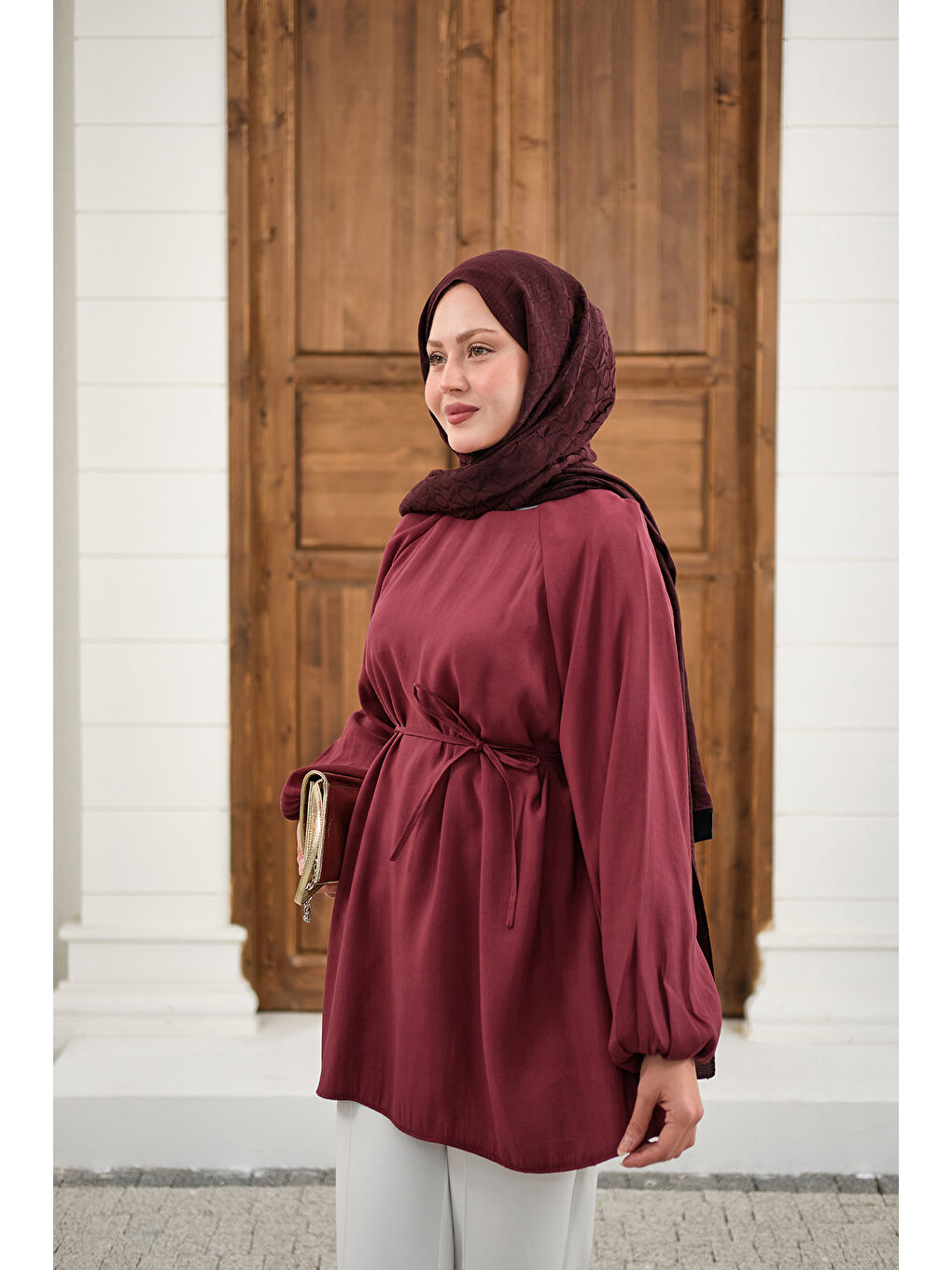 Kadın Bel Bağlamalı Tunik Bordo-3