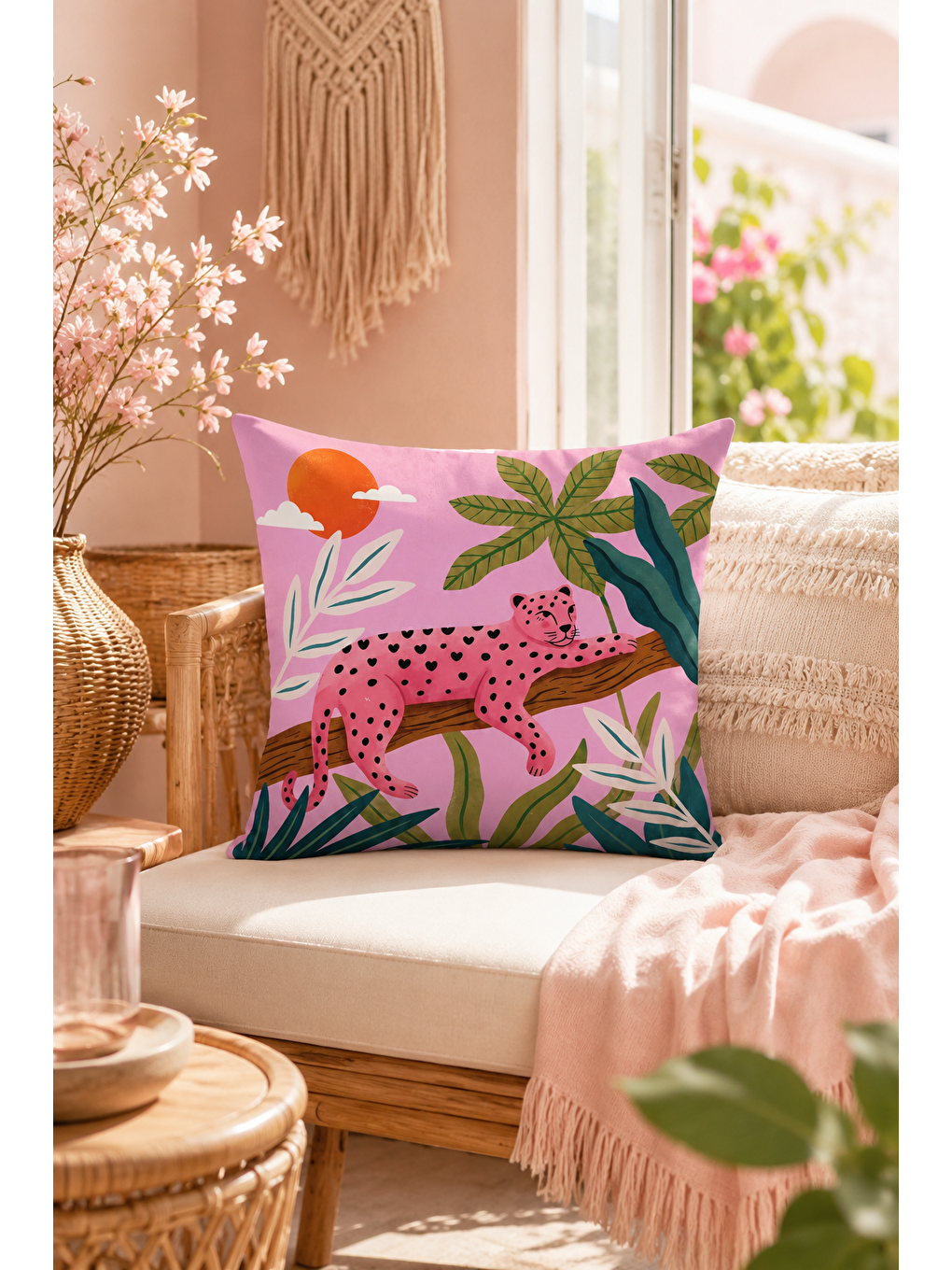 Pembe Leopar Tropikal Yaprak Desenli Dekoratif Kırlent Kılıfı Bohem Dekor 43x43 Cm-7