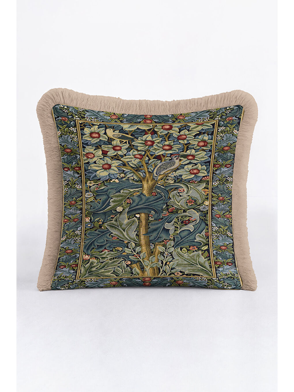 Karışık Lüks Çiçekli Saçaklı Yastık Kılıfı - Sanatsal Doğa Temalı Klasik Yeşil Gold Püsküllü Kırlent Kılıfı