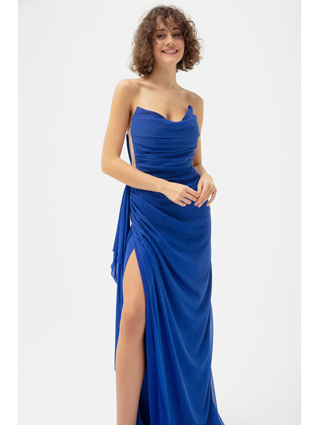 Mavi Kadın Saks Göğüs Drapeli Yırtmaçlı Simli Abiye-3