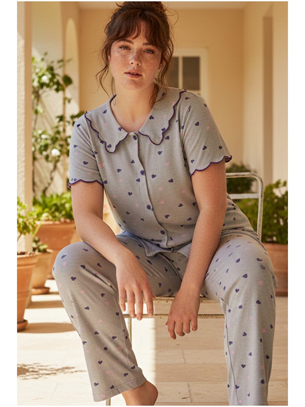 Karışık Yakalı Büyük Beden Battal Düğmeli Fitilli Kaşkorse Örme Pijama Takım26120801