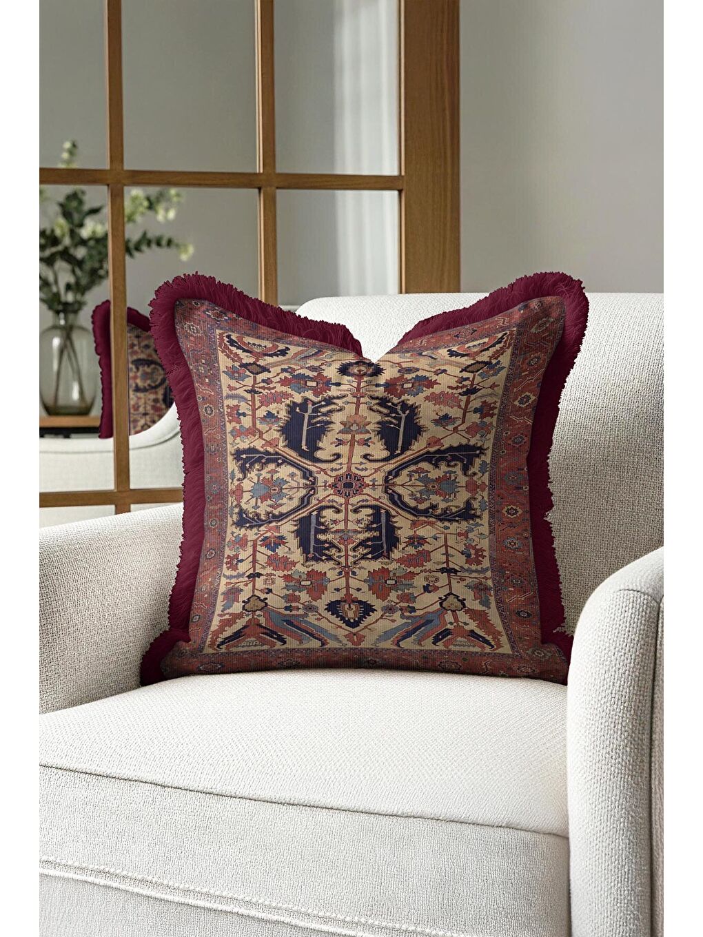 Karışık Saray Halı Motifli Saçaklı Yastık Kılıfı - Klasik Etnik Bordo Altın Renkli Püsküllü Kırlent Kılıfı-2