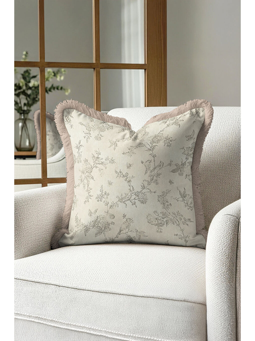 Karışık Elegan Fransız Çiçekli Saçaklı Yastık Kılıfı - Vintage Country Bej Doğal Püsküllü Kırlent Kılıfı-2