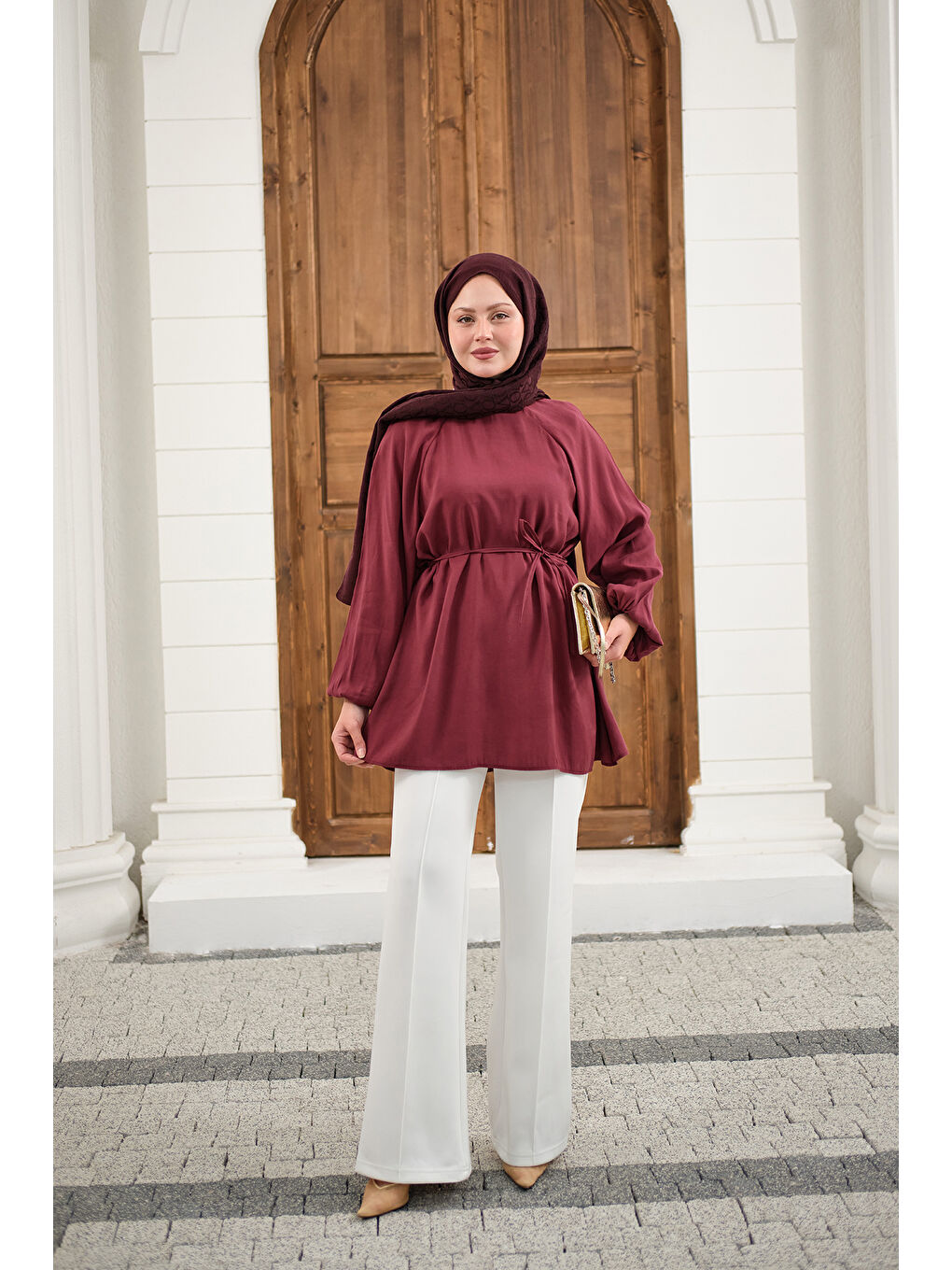 Kadın Bel Bağlamalı Tunik Bordo-4