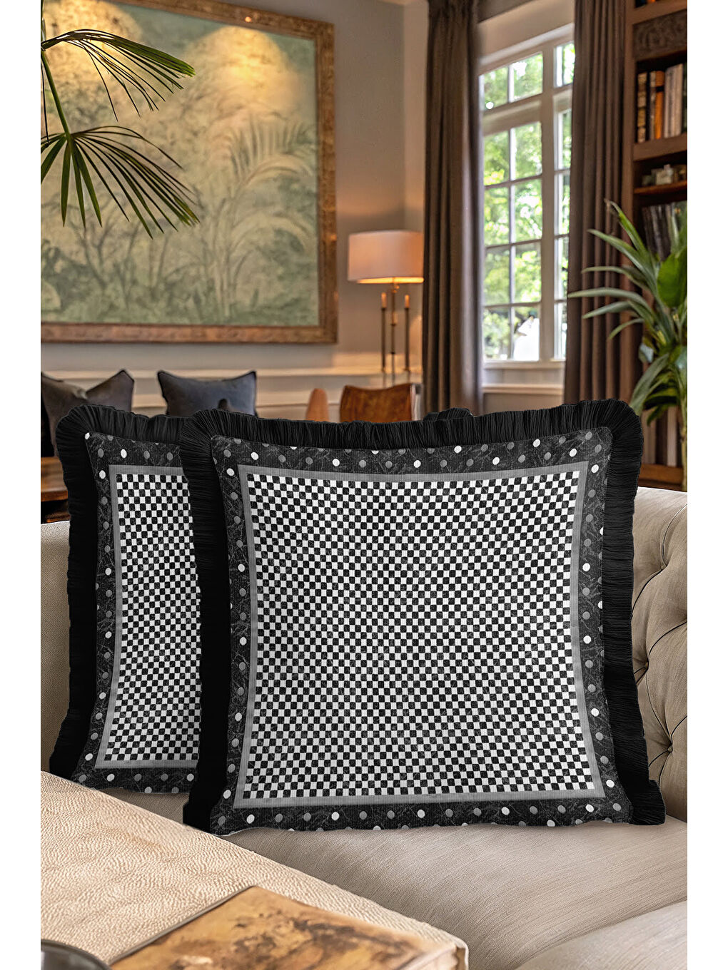 Karışık Lüks Damalı Saçaklı Yastık Kılıfı - Monokrom Modern Siyah Gri Püsküllü Kırlent Kılıfı-7