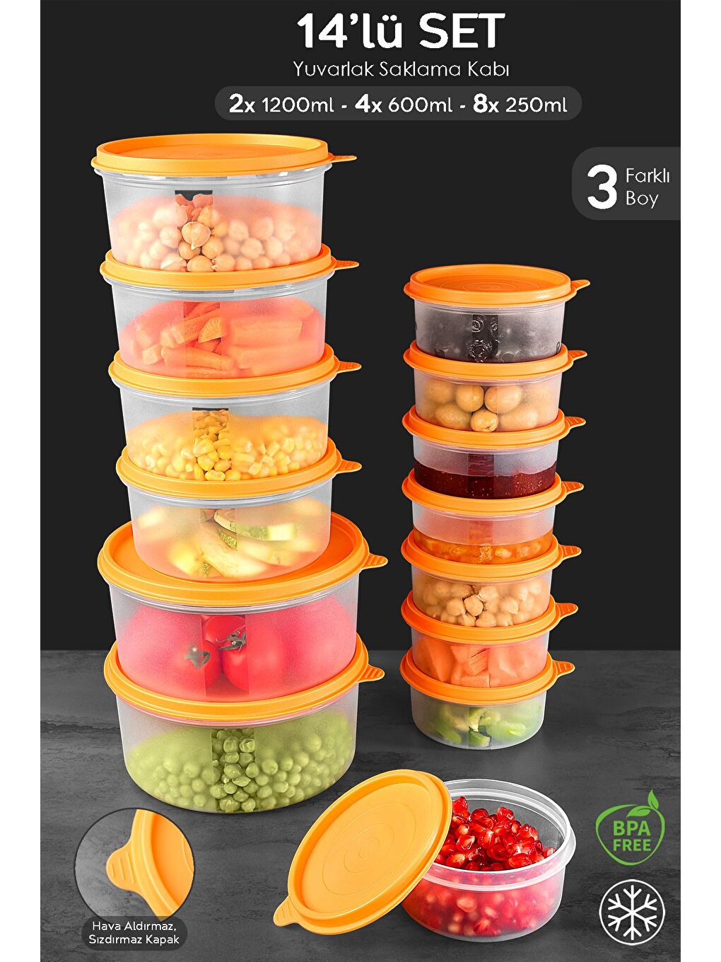 14'lü Yuvarlak Gıda Saklama Kabı Seti 8x250 4x600 2x1200 ml Turuncu