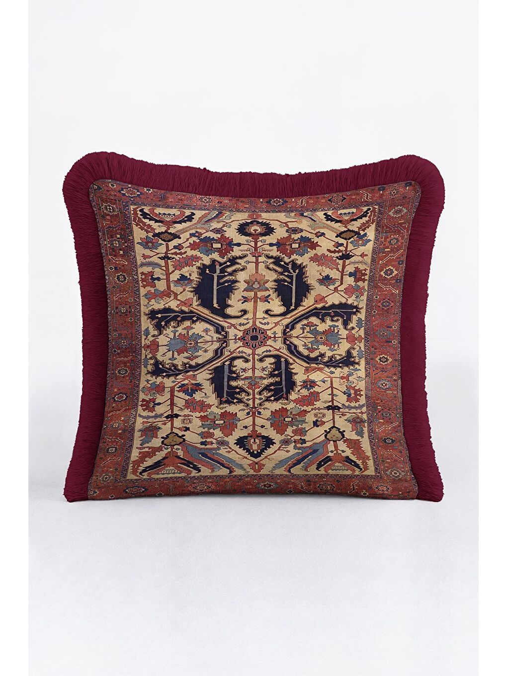 Karışık Saray Halı Motifli Saçaklı Yastık Kılıfı - Klasik Etnik Bordo Altın Renkli Püsküllü Kırlent Kılıfı-3