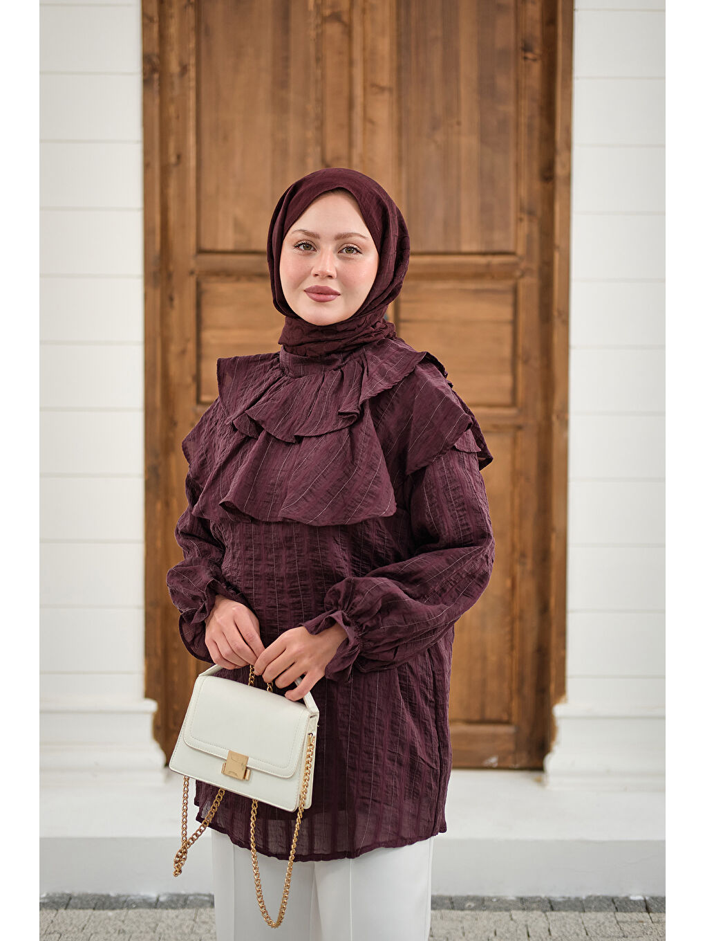 Kadın Kendinden Çizgi Desenli Yaka Büzgülü Tunik Mürdüm-3