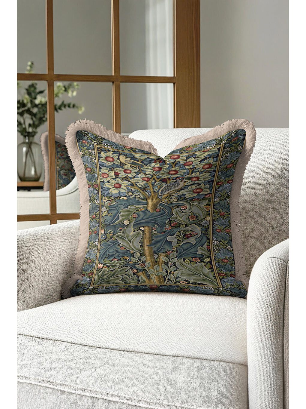 Karışık Lüks Çiçekli Saçaklı Yastık Kılıfı - Sanatsal Doğa Temalı Klasik Yeşil Gold Püsküllü Kırlent Kılıfı-1