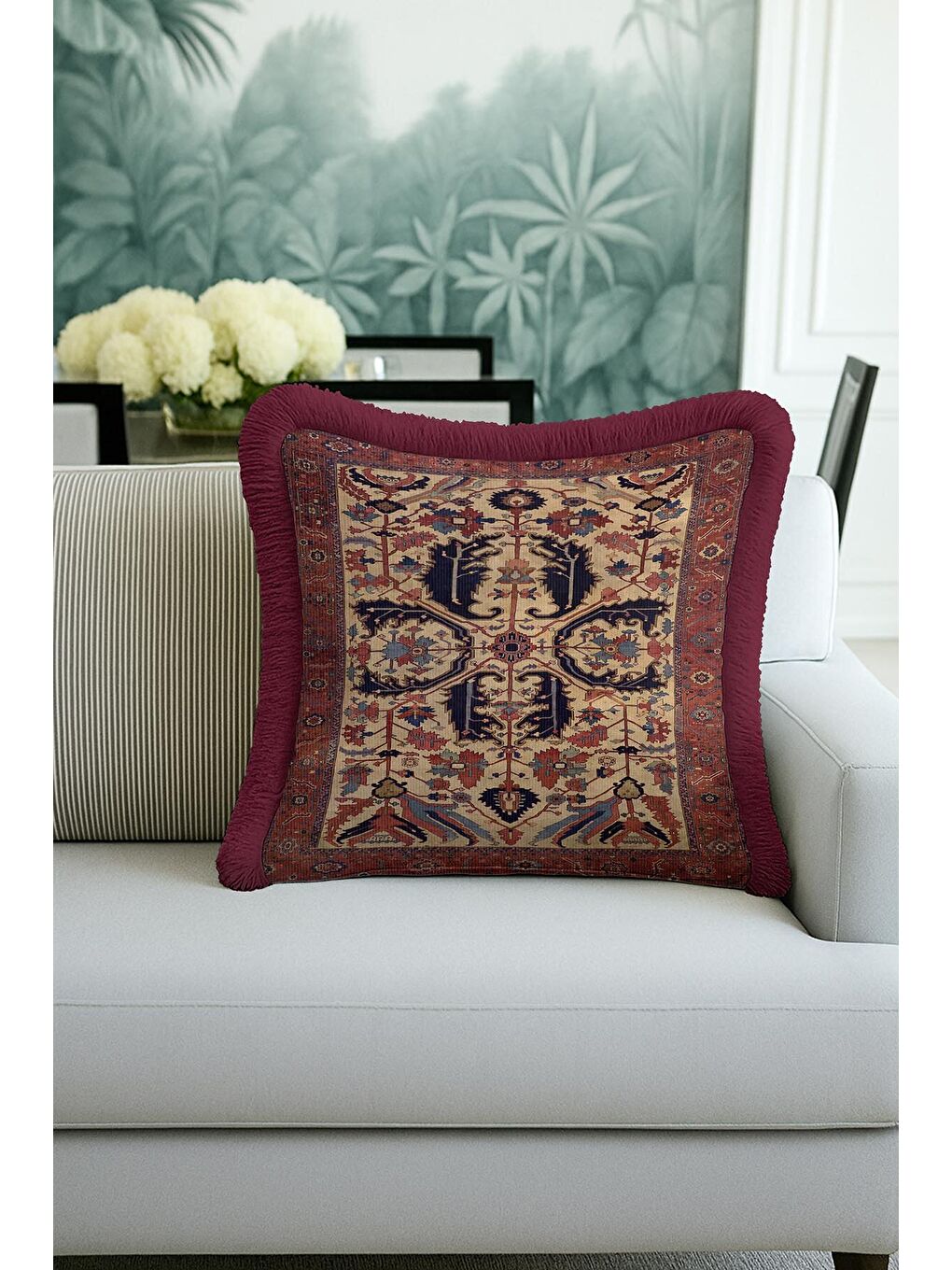 Karışık Saray Halı Motifli Saçaklı Yastık Kılıfı - Klasik Etnik Bordo Altın Renkli Püsküllü Kırlent Kılıfı-4