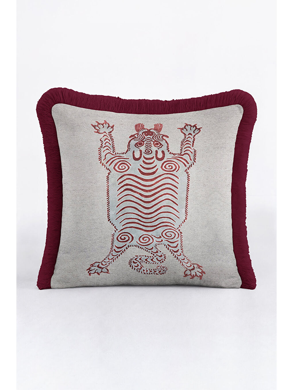 Karışık Etnik Tribal Sanat Saçaklı Yastık Kılıfı - Bohem Aslan Figürlü Bordo Gri Püsküllü Kırlent Kılıfı-1