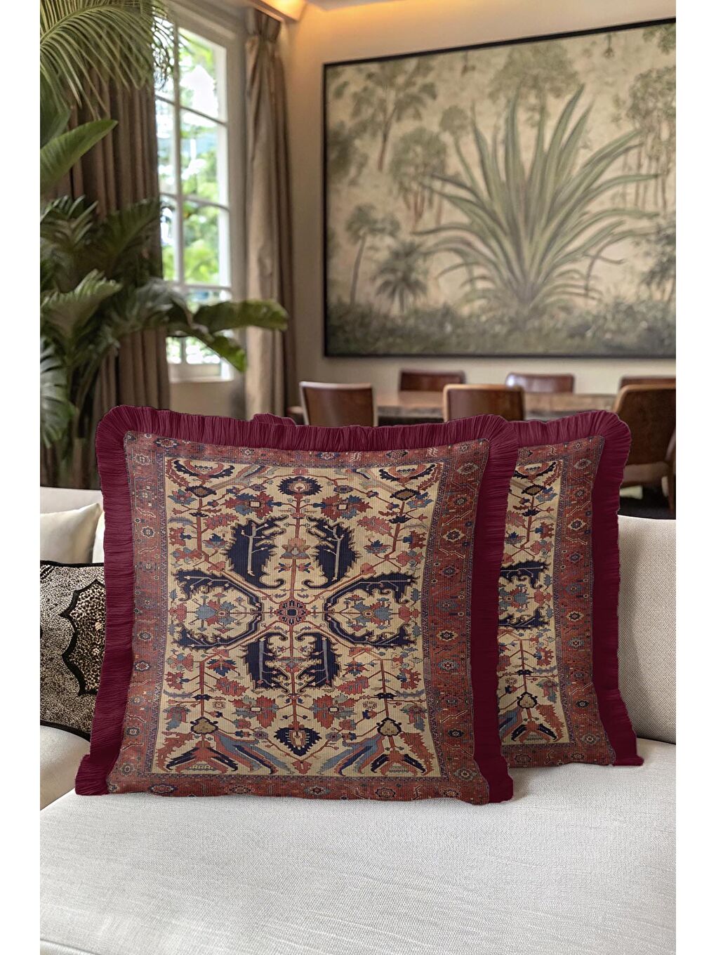Karışık Saray Halı Motifli Saçaklı Yastık Kılıfı - Klasik Etnik Bordo Altın Renkli Püsküllü Kırlent Kılıfı-5
