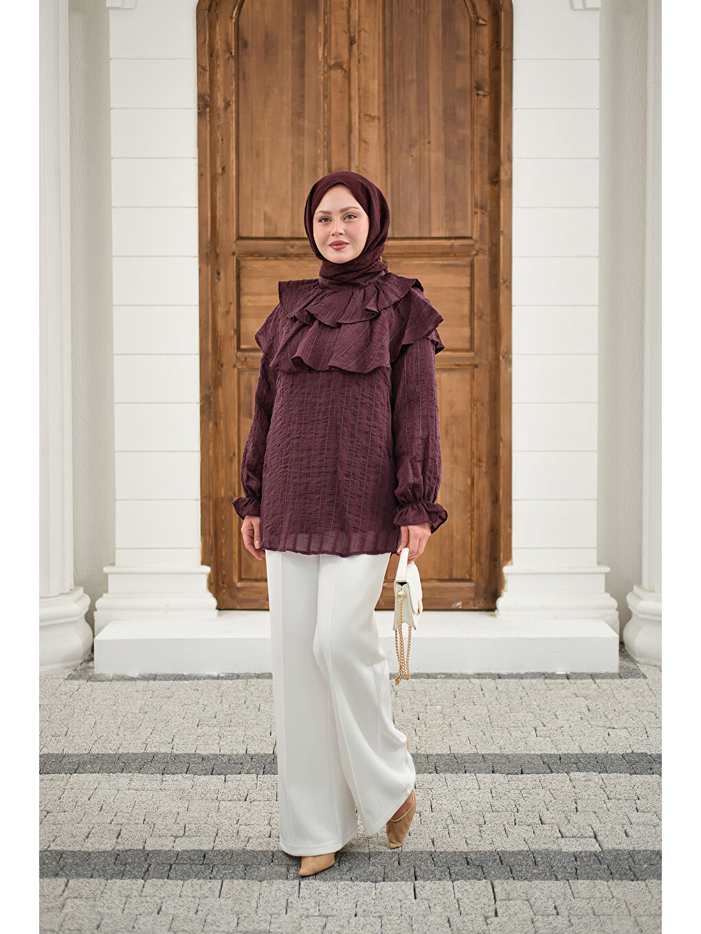 Kadın Kendinden Çizgi Desenli Yaka Büzgülü Tunik Mürdüm-4