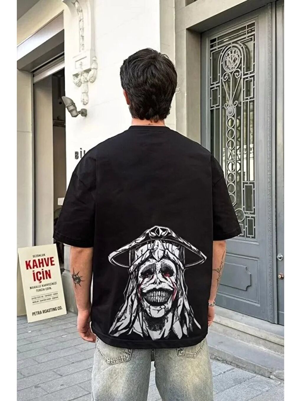 Unisex Bisiklet Yaka Baskılı Oversize T-Shirt - Siyah-1