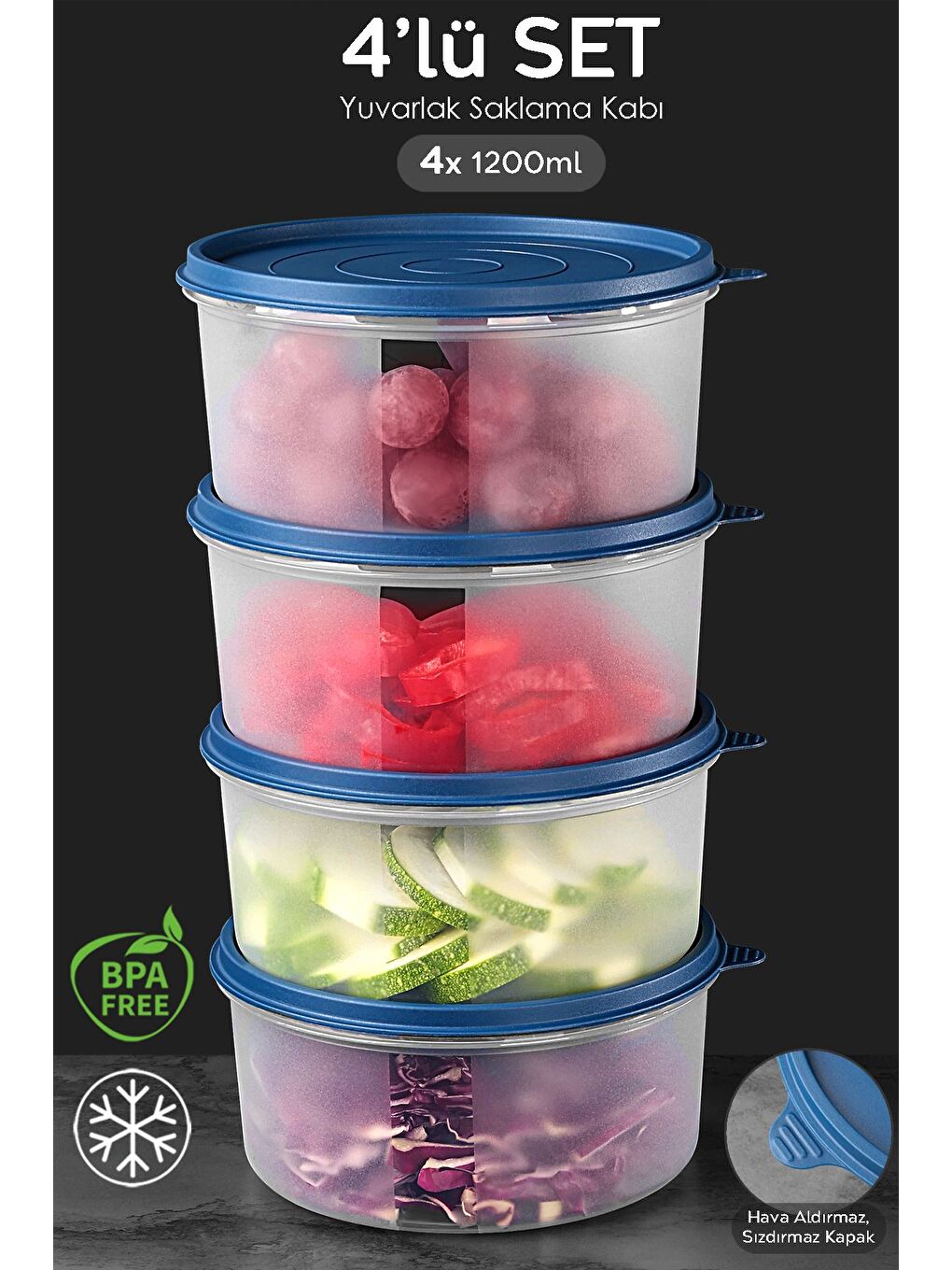 4'lü Yuvarlak Gıda Saklama Kabı Seti 4x1200 ml Lacivert