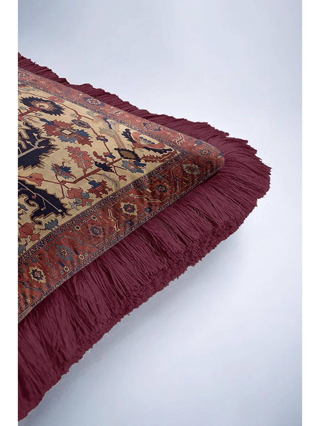 Karışık Saray Halı Motifli Saçaklı Yastık Kılıfı - Klasik Etnik Bordo Altın Renkli Püsküllü Kırlent Kılıfı-6