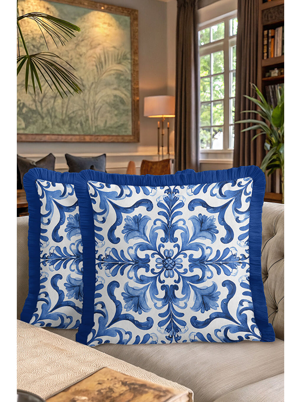 Karışık Barok Lüks Mavi Saçaklı Yastık Kılıfı - Akdeniz Klasik Mavi Beyaz Püsküllü Kırlent Kılıfı-7