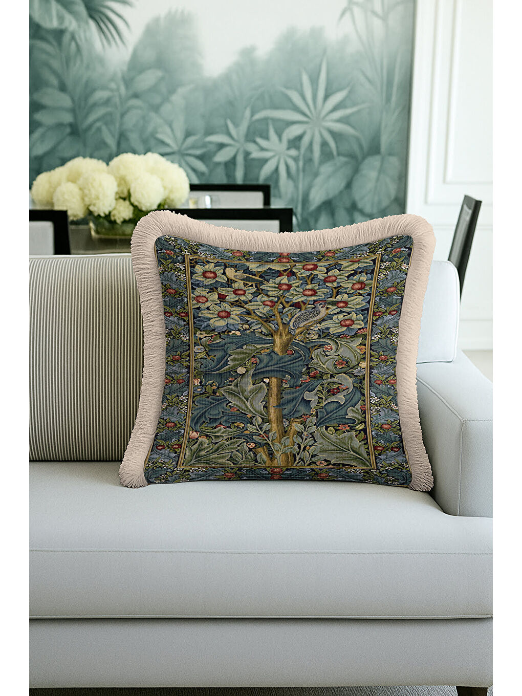 Karışık Lüks Çiçekli Saçaklı Yastık Kılıfı - Sanatsal Doğa Temalı Klasik Yeşil Gold Püsküllü Kırlent Kılıfı-2