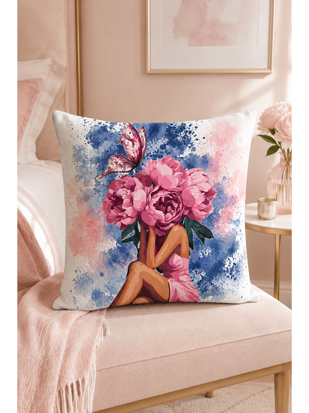 Beyaz Pembe Çiçekli Kelebekli Kadın Dekoratif Kırlent Kılıfı Suluboya Salon Dekor 43x43 Cm-4