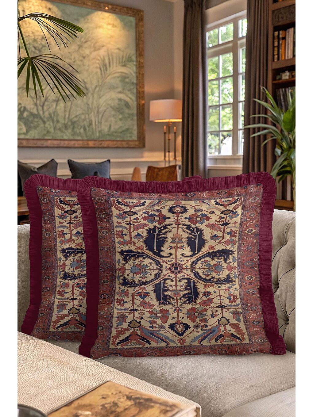 Karışık Saray Halı Motifli Saçaklı Yastık Kılıfı - Klasik Etnik Bordo Altın Renkli Püsküllü Kırlent Kılıfı-7