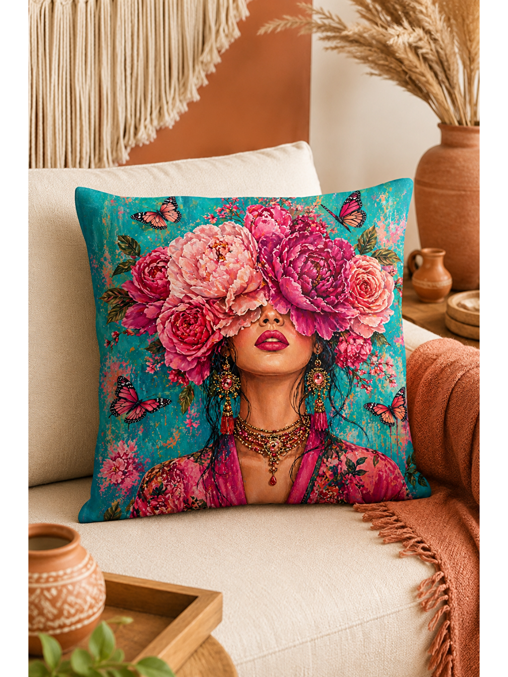 Turkuaz Çiçek Taçlı Kadın Kelebek Desenli Dekoratif Kırlent Kılıfı Bohem Ev Dekor 43x43 Cm-1
