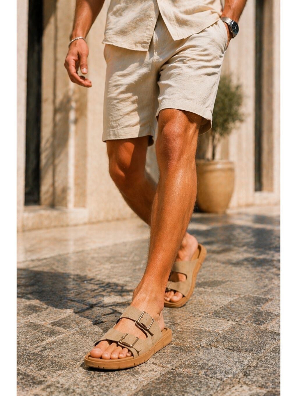 Bej AUGUSTA Ayarlanabilir Çift Tokalı Günlük Erkek Terlik-1