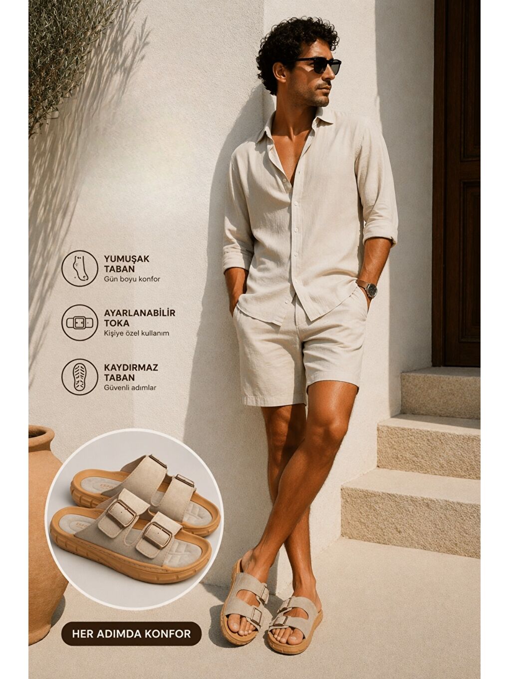 Bej AUGUSTA Ayarlanabilir Çift Tokalı Günlük Erkek Terlik-2