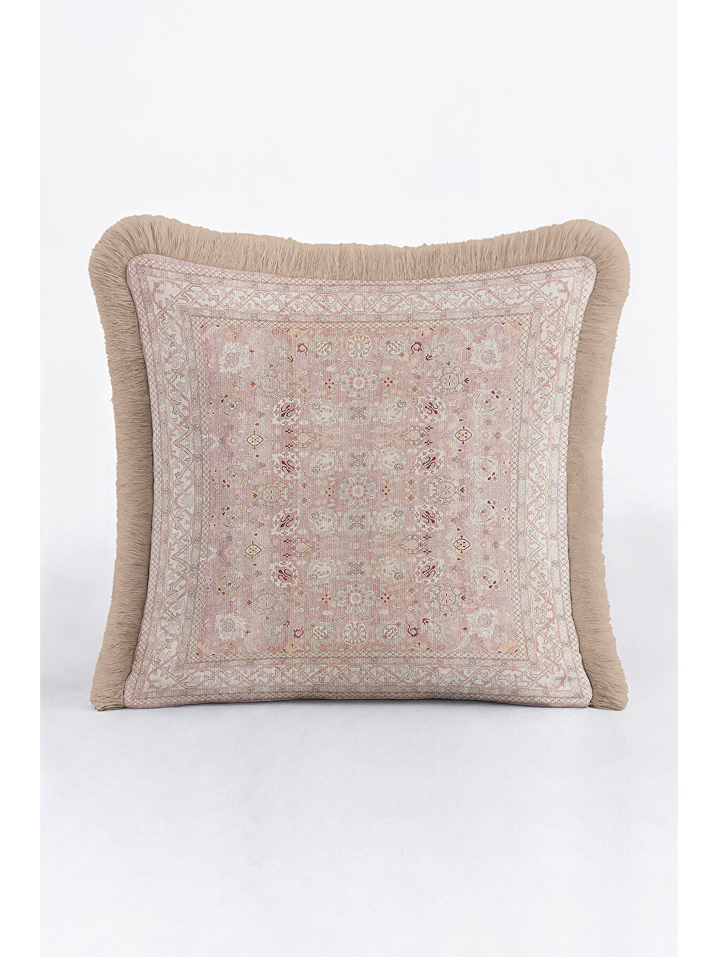 Karışık Zarif Vintage Halı Motifli Saçaklı Yastık Kılıfı - Klasik Rustik Pudra Bej Püsküllü Kırlent Kılıfı