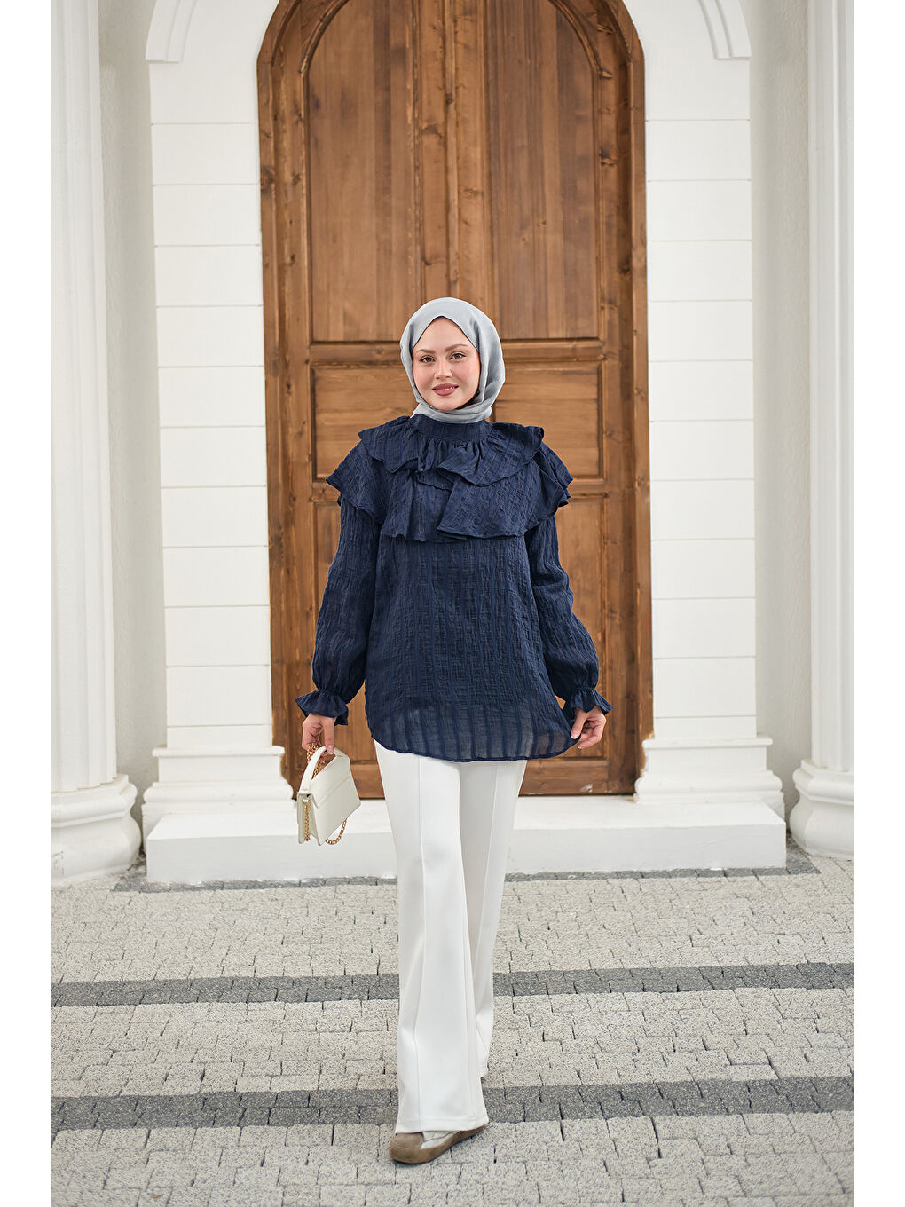 Kadın Kendinden Çizgi Desenli Yaka Büzgülü Tunik Lacivert-2