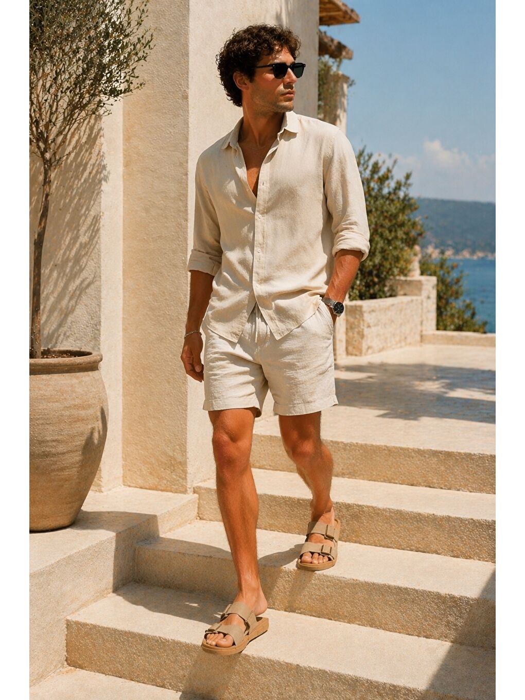 Bej AUGUSTA Ayarlanabilir Çift Tokalı Günlük Erkek Terlik-3