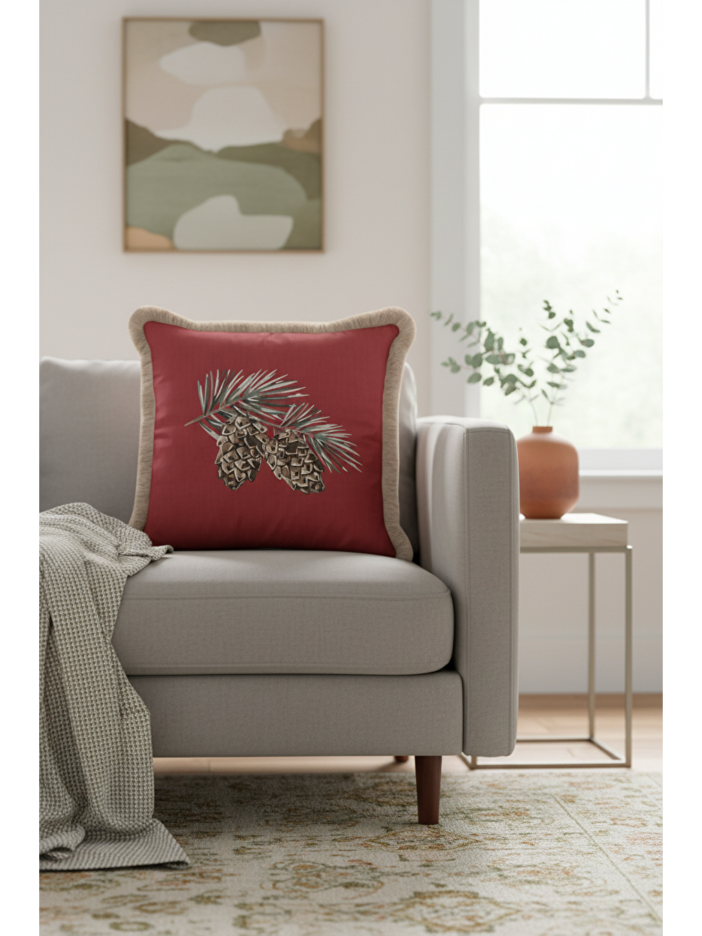 Karışık Lüks Çam Kozalağı Motifli Saçaklı Yastık Kılıfı - Doğal Kırmızı Rustik Bej Püsküllü Kırlent Kılıfı