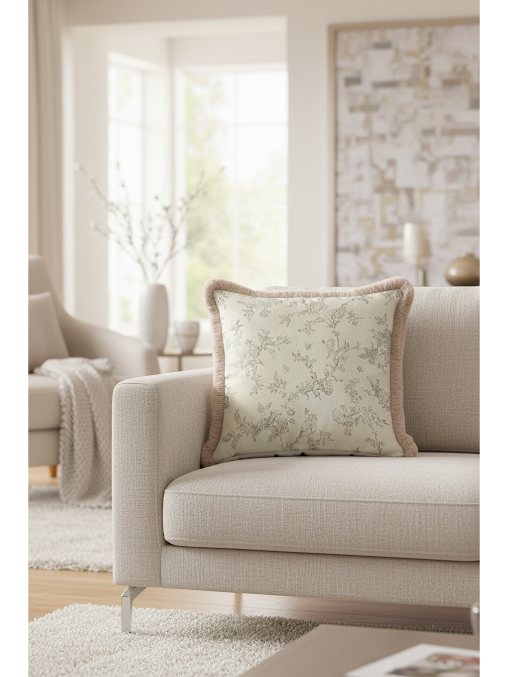 Karışık Elegan Fransız Çiçekli Saçaklı Yastık Kılıfı - Vintage Country Bej Doğal Püsküllü Kırlent Kılıfı-3